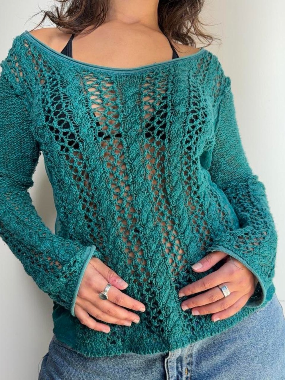 American Rag Teal Openwork Off-Shoulder Sweater